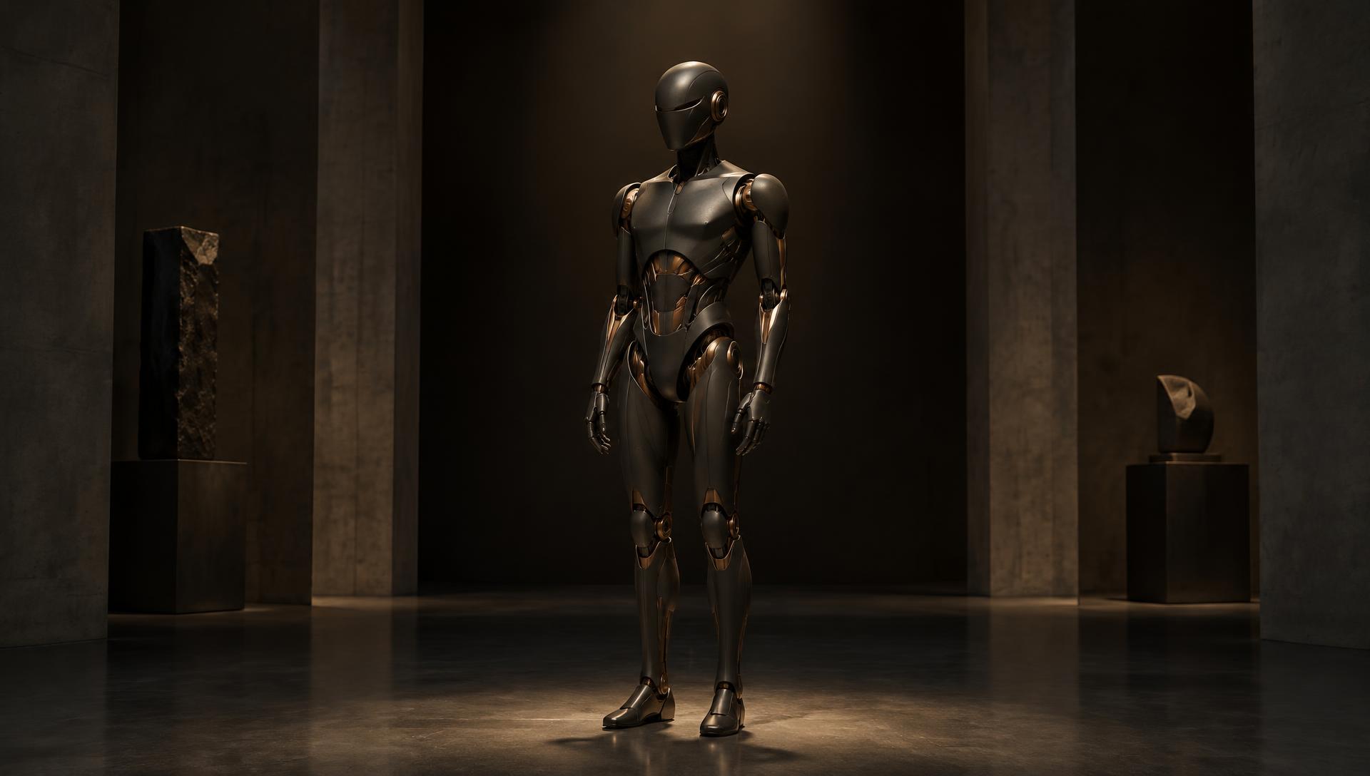 An original humanoid robot concept standing in a quiet, softly lit gallery