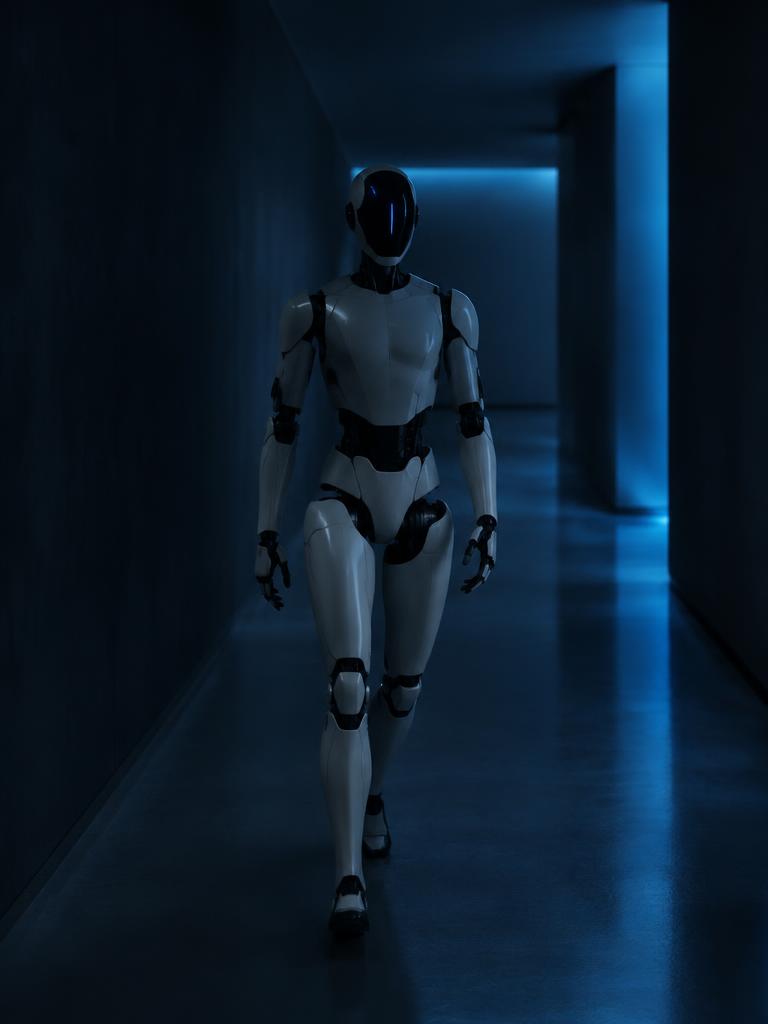 A concept robot walking down a dim corridor
