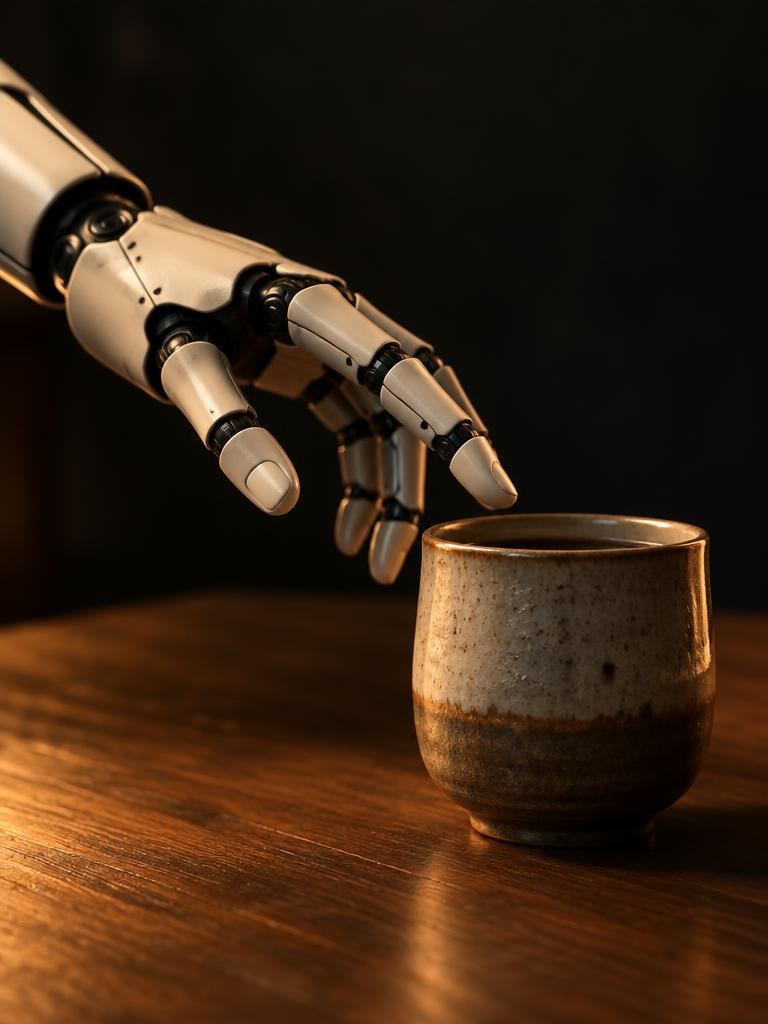 A robotic hand reaching toward a ceramic cup