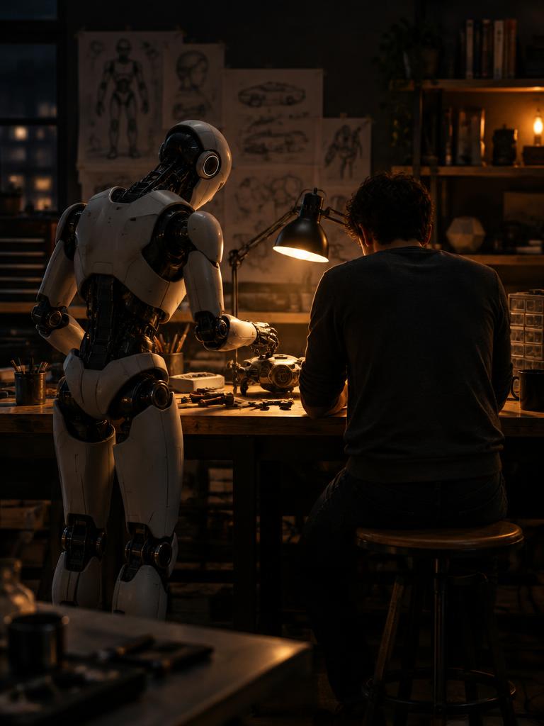 A concept robot beside a person at a workbench